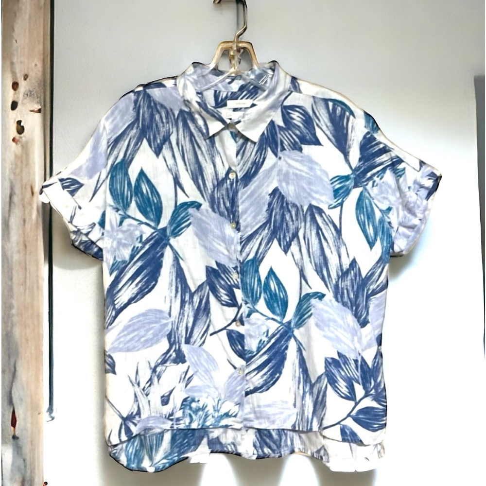 C&C CA 100% Linen Boxy Relaxed Fit Blue Palm Print Button Front Camp Shirt